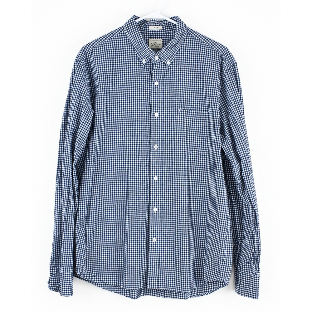 J.Crew Secret Wash Slim Fit Gingham Button Down Shirt Navy White Large Stretch